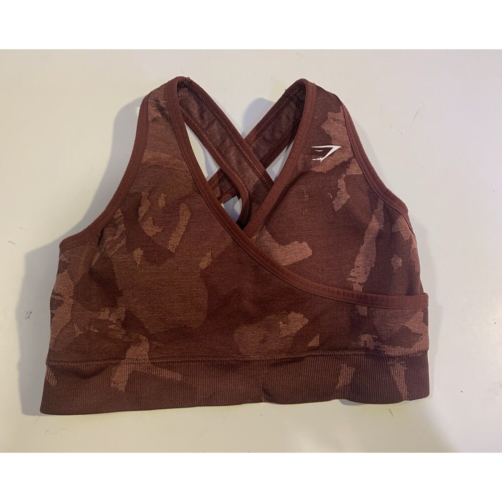 GYMSHARK ADAPT CAMO SEAMLESS SPORTS BRA MAROON SIZE SMALL (#1)